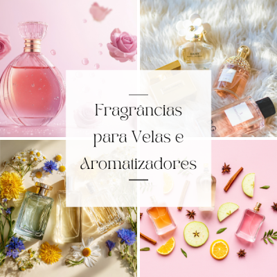 Conjunto de frascos de perfumes coloridos com flores e frutas ao redor, com texto central sobre fragâncias.