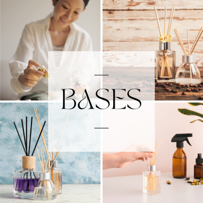 Difusores de ambiente em vidro com varetas de madeira em diferentes configurações.