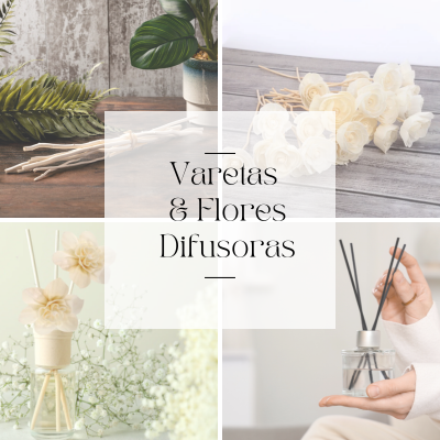 Produtos para difusores de aromas com folhagens e flores artificiais em diferentes configurações.