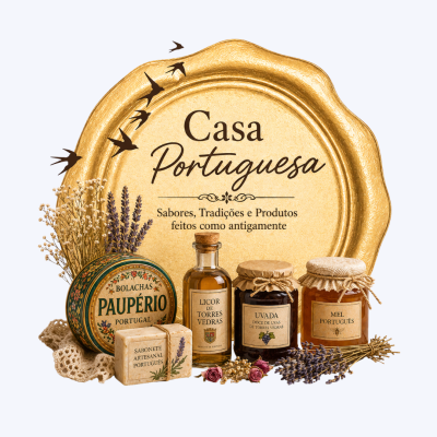 Produtos artesanais portugueses com embalgem tradicional e placa dourada ao fundo.