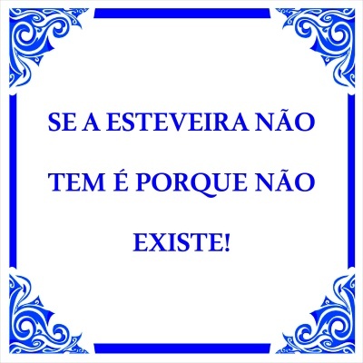 Azulejo branco com padrões azuis e texto em azul