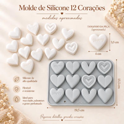 Molde de silicone cinzento com 12 cavidades em forma de corações e amostras brancas de corações com texto Happy