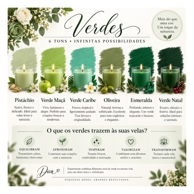 Seis velas em vidro com diferentes tons de verde e elementos naturais associados.