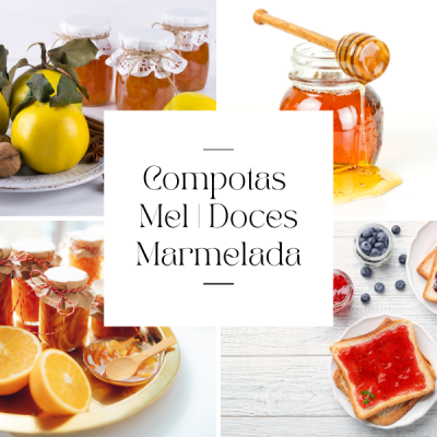 Produtos de compotas, mel, doces e marmelada em frascos e pão com geleia