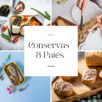 Conservas em latas metálicas abertas e patés em fatias de pão