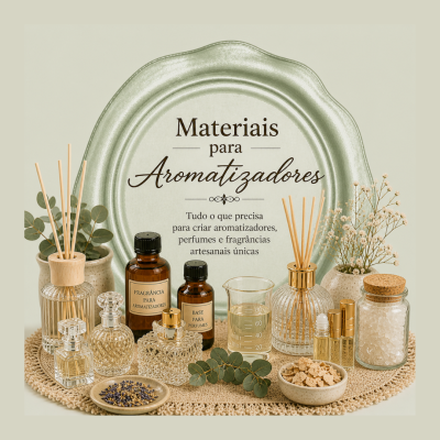 Materiais para aromatizadores como frascos com etiquetas, bastões difusores, medidor e elementos decorativos sobre base bege