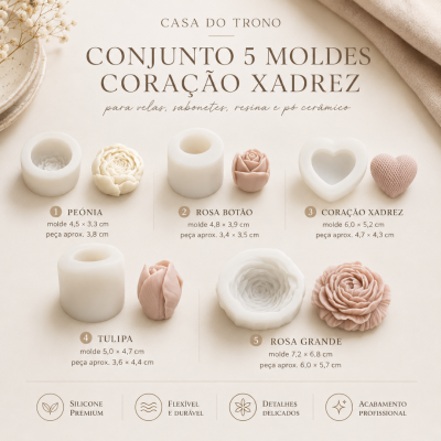 Conjunto de 5 moldes de silicone com formas de flores e coração em tons suaves, dispostos sobre fundo bege claro.