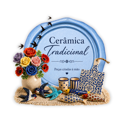 Conjunto de cerâmica tradicional com flores, pássaros, peixes, copos, tábua de corte e prato decorativo