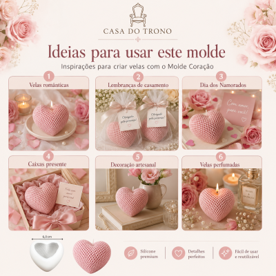 Molde coração para velas em silicone rosa com textura, usado em várias decorações com rosas e pérolas.