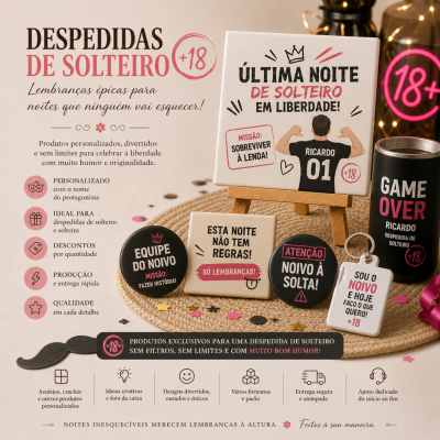 Produtos personalizados para despedida de solteiro com textos, azulejos, crachás e copo preto com rosa