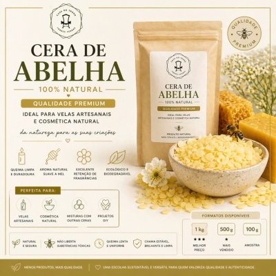 Embalagem de cera de abelha natural com recipiente de grânulos amarelos, mel, flores e abelha.