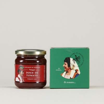 Frasco de doce de tomate com caixa verde ilustrada