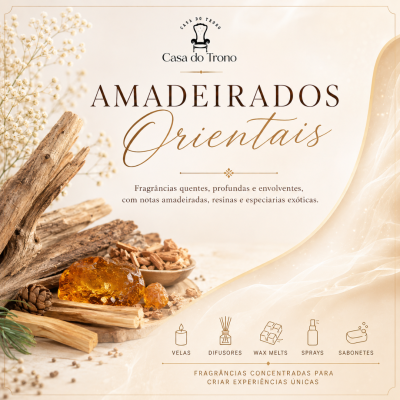 Imagem promocional de fragrâncias amadeiradas orientais da Casa do Trono com elementos naturais e ícones de produtos