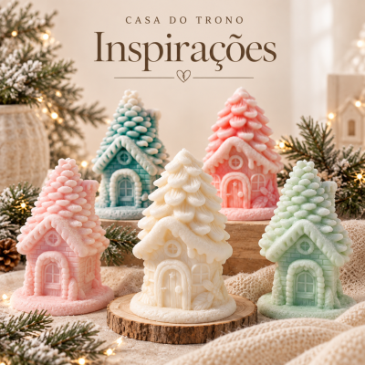Velas decorativas em forma de casinhas de neve coloridas com luzes de Natal ao fundo