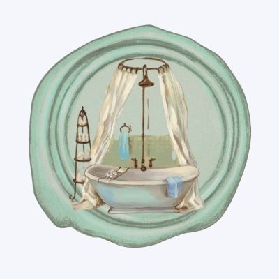 Placa decorativa redonda com imagem de banheira vintage azul-claro e cortinas brancas