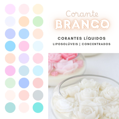 Corante líquido branco em frascos com flores decorativas e texto promocional