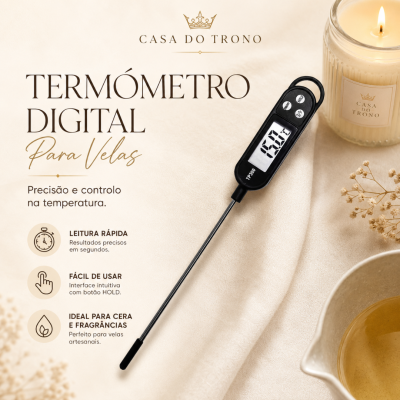 Termómetro digital preto com ecrã LCD branco e vela acesa em copo transparente sobre superfície bege