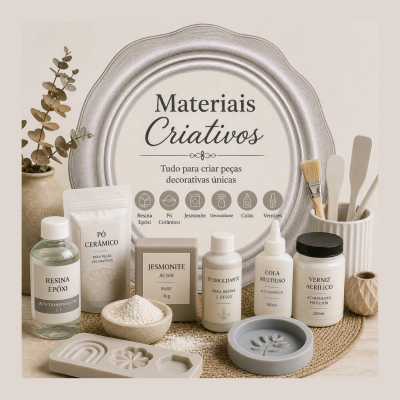 Materiais para criar peças decorativas com resina epóxi, pó cerâmico, jesmonite, cola multiuso, verniz acrílico e moldes, em tons neutros.