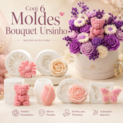 Conjunto com 6 moldes em silicone para moldar flores e ursinho rosa, bouquet decorativo roxo e creme em caixa branca
