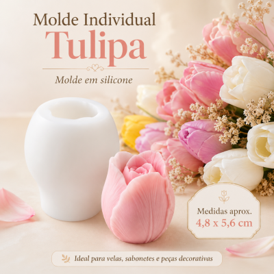 Molde de silicone branco em forma de tulipa e flor rosa ao lado sobre superfície clara com tulipas coloridas ao fundo