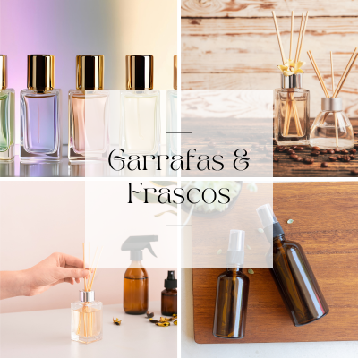Conjunto de quatro imagens mostrando diferentes tipos de garrafas e frascos de vidro para perfumes, difusores e sprays.