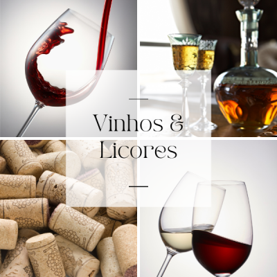 Composição de fotos com vinho tinto, taças com licor, rolhas de cortiça e taças a brindar com vinho, texto Vinhos & Licores