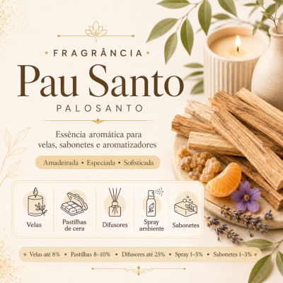 Essência aromática Pau Santo para velas, sabonetes e aromatizadores com pau santo e vela acesa