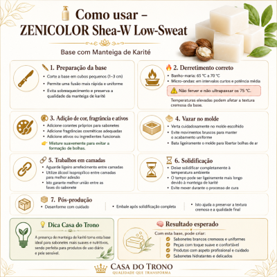 Imagem com instruções em português para usar base Zenicolor Shea-W Low-Sweat, com foto de cubos brancos e nozes