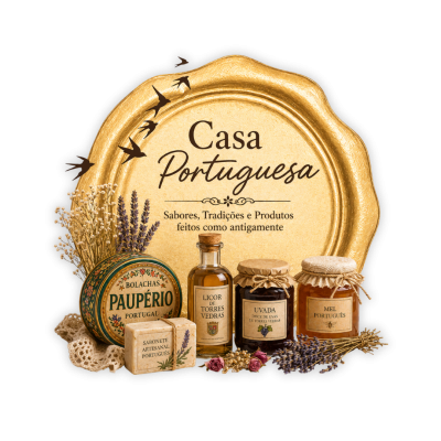 Conjunto de produtos tradicionais portugueses com embalagem antiga e flores secas