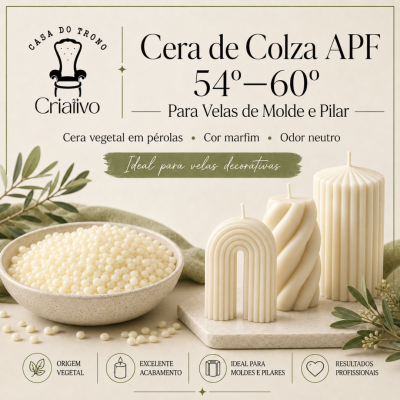 Cera de colza em pérolas marfim e três velas decorativas em fundo claro com texto informativo.