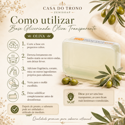 Instruções para uso de base glicerinada de oliva transparente com barra de sabão e ramos de oliveira