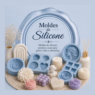 Moldes de silicone azuis para gesso, velas e sabonetes com vários formatos e decoração complementar
