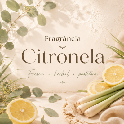 Fragrância de citronela com limão, folhas e citronela sobre fundo claro
