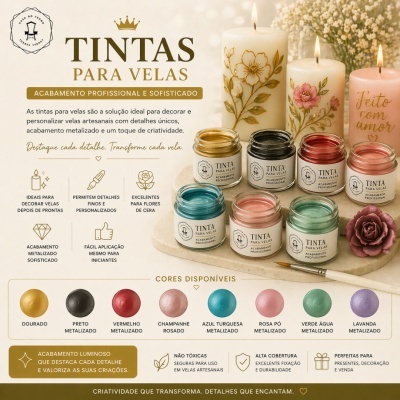 Tinta para velas em frascos coloridos metálicos com velas decoradas e pincel