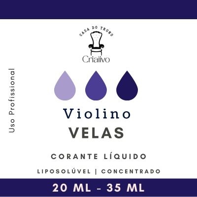 Rótulo de corante líquido para velas em fundo branco e bordas azuis com texto e gotas roxas