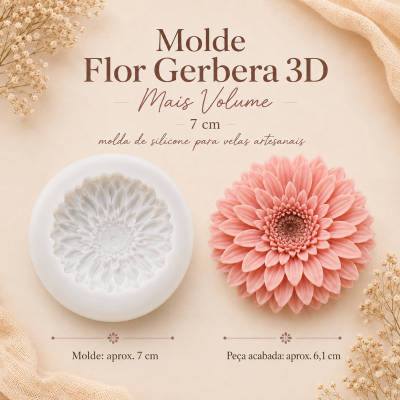 Molde e peça feita em forma de flor Gerbera 3D em silicone e vela cor-de-rosa