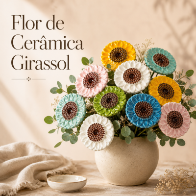 Arranjo de flores de cerâmica coloridas em vaso bege com texto Flor de Cerâmica Girassol