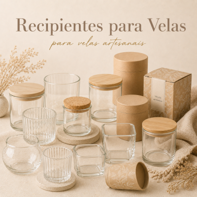 Recipientes para velas em vidro com tampas e embalagens em cartão decoradas