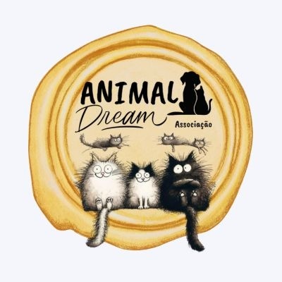 Logótipo circular amarelo com texto ANIMAL Dream Associação e desenho de um cão e três gatos caricaturais