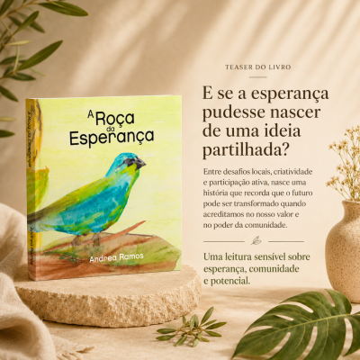 Livro A Roça da Esperança com ilustração de pássaro e plantas decorativas ao redor.