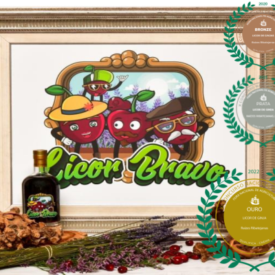 Garrafa escura com rótulo colorido Licor Bravo junto a quadro ilustrativo, ervas secas e selos de prémios