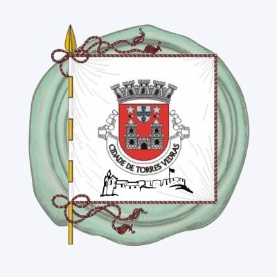 Brasão quadrado de Torres Vedras em suporte dourado e textura verde aquarelada