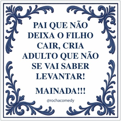 Azulejo decorativo com texto em português e padrão azul nas bordas