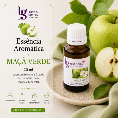 Frasco de essência aromática de maçã verde com maçãs frescas verdes ao redor