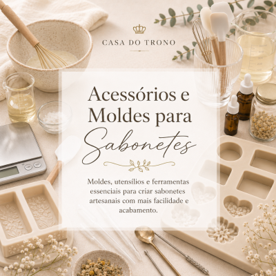 Acessórios para fazer sabonetes artesanais dispostos numa mesa clara com moldes em silicone, utensílios de cozinha, frascos e flores secas