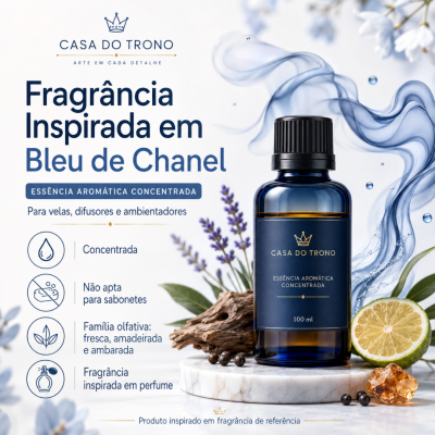 Frasco de essência aromática azul CASA DO TRONO com elementos naturais e texto descritivo