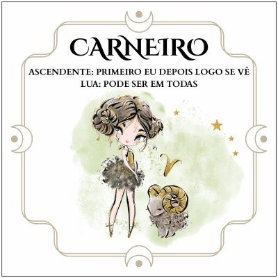 Ilustração de Carneiro com texto em português sobre o signo em fundo verde claro e moldura decorativa