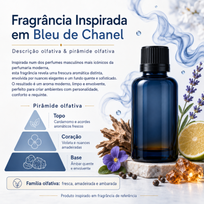 Frasco azul escuro com tampa preta junto a flores, limão e madeira com texto sobre fragrância inspirada em Bleu de Chanel