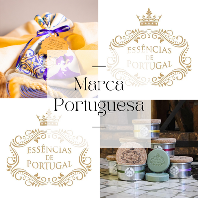 Produtos artesanais Essências de Portugal com sabonetes e embalagem em tecido colorido.