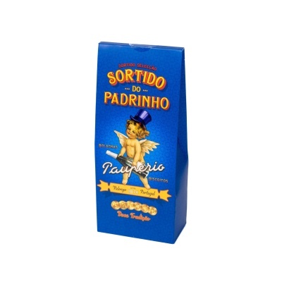 Embalagem azul vintage de biscoitos Sorteio do Padrinho da marca Paupério com anjo e texto em português.